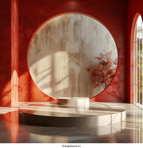 Modern Minimalist Interior Design With Red Wall And Round Window