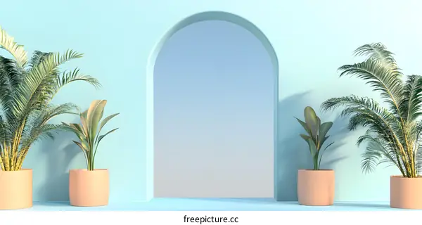 Minimalist Blue Wall With Palm Trees And Archway