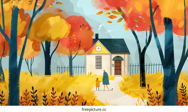 Autumn Walk Through The Woods With A Family