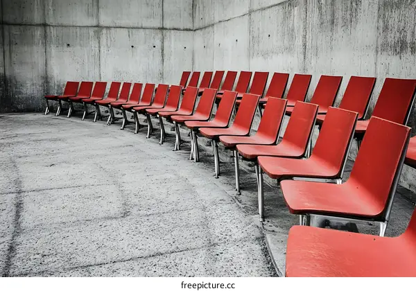 Empty Red Seats in a Concrete Hallway