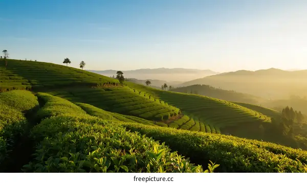 Lush Green Terraced Tea Plantation Under Clear Sky