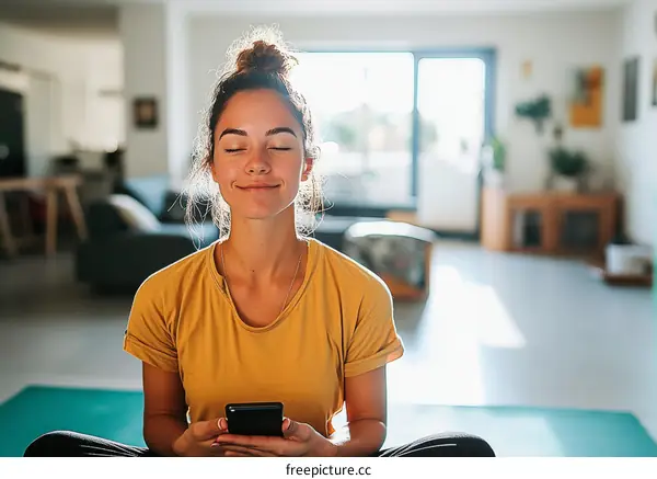 Peaceful Woman Relaxing with Phone in Interior Setting