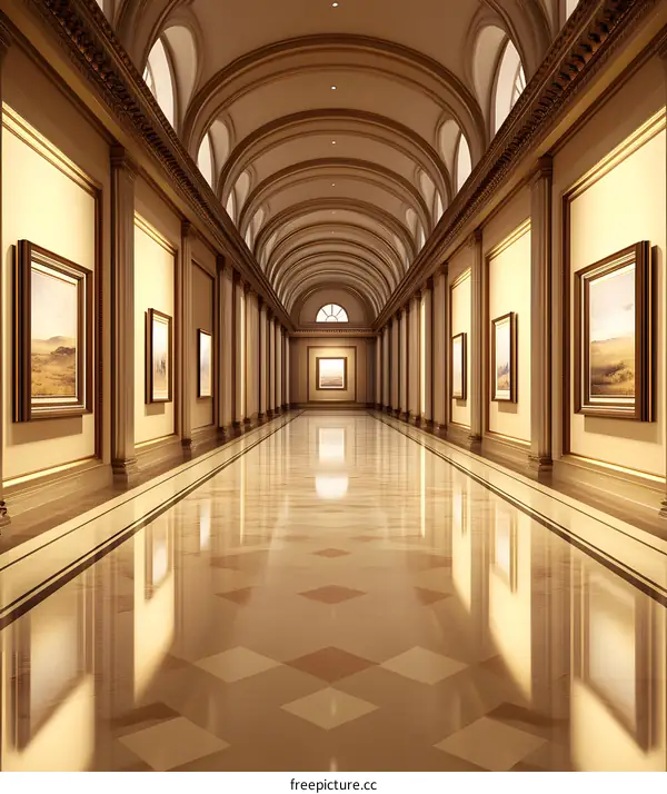 Long Empty Gallery Hallway With Golden Trim