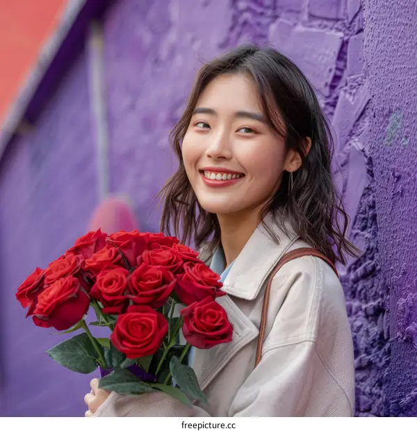 A young woman with red roses in front of a purple wall