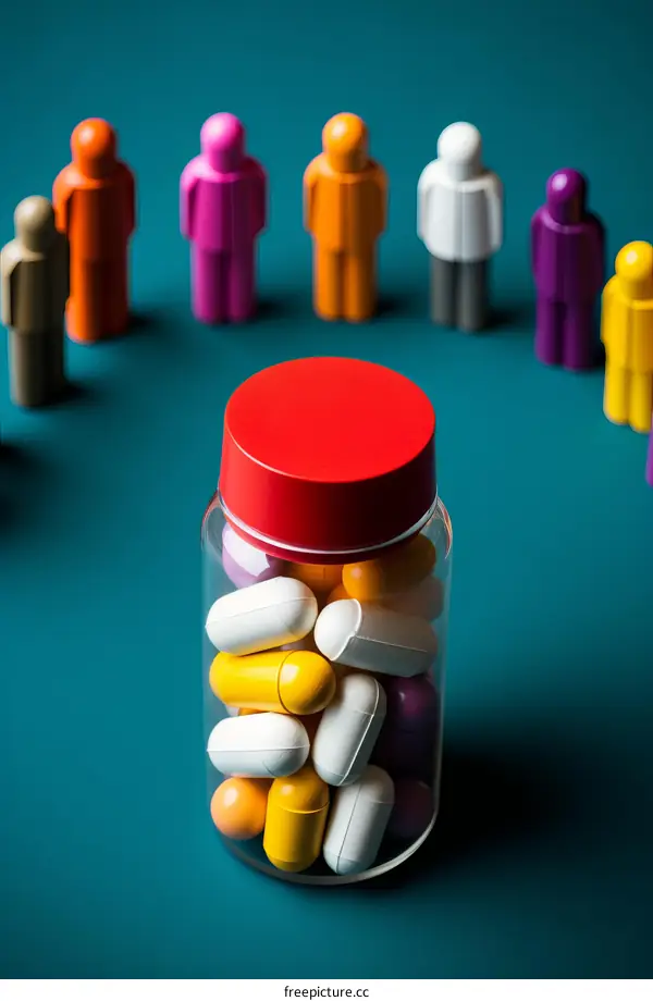 Plastic People Figurines Surround Jar of Pills