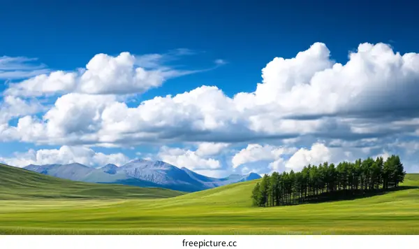 Scenic Green Field with Mountains and Clouds