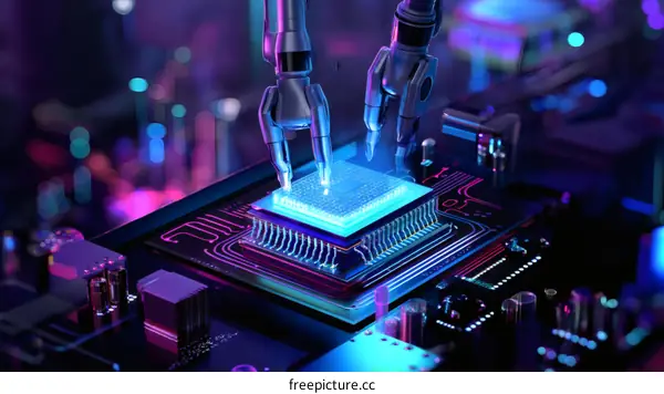 Futuristic Microchip Assembly by Robotic Arms