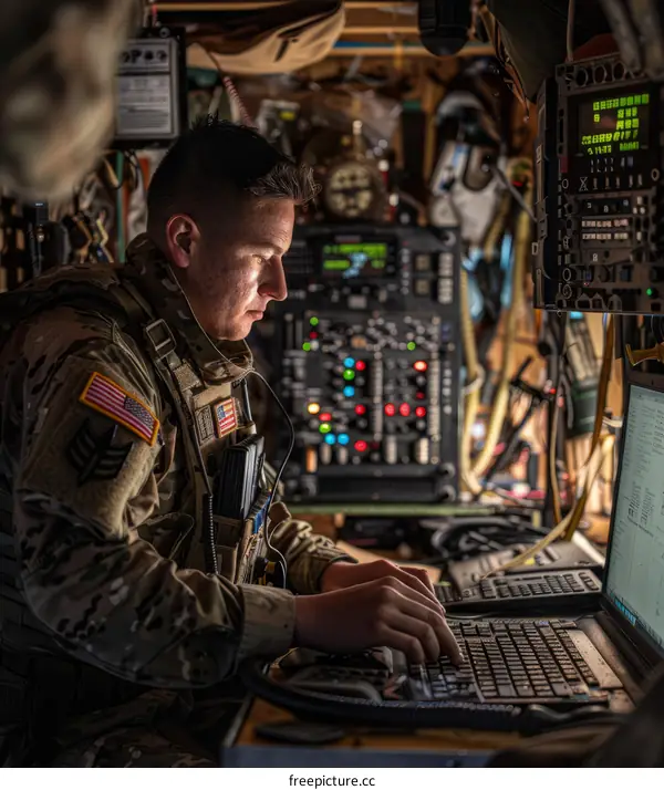 Soldier Working on Laptop in Dimly Lit Room