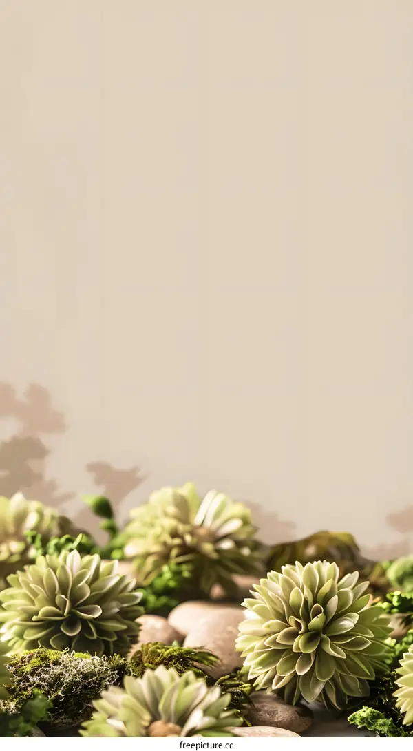 Beige Background With Green Flowers And Moss