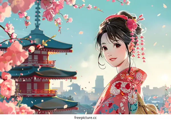 A beautiful Japanese woman in a kimono standing in front of a pagoda.