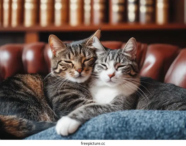 Two Cozy Cats Relaxing Together on a Couch