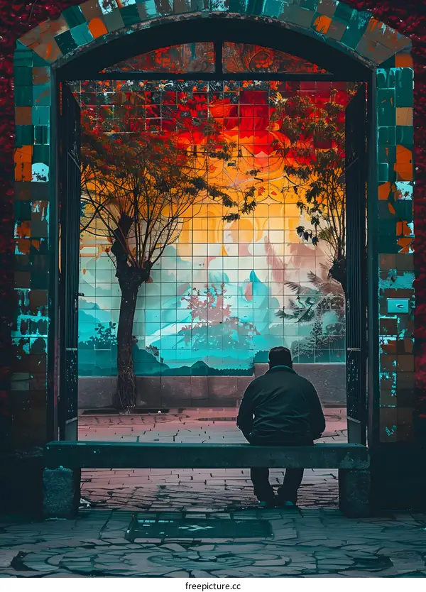 Man Sitting on a Bench Looking at Colorful Wall