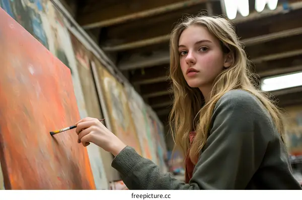 Young Artist Painting in Studio with Brushstrokes on Canvas