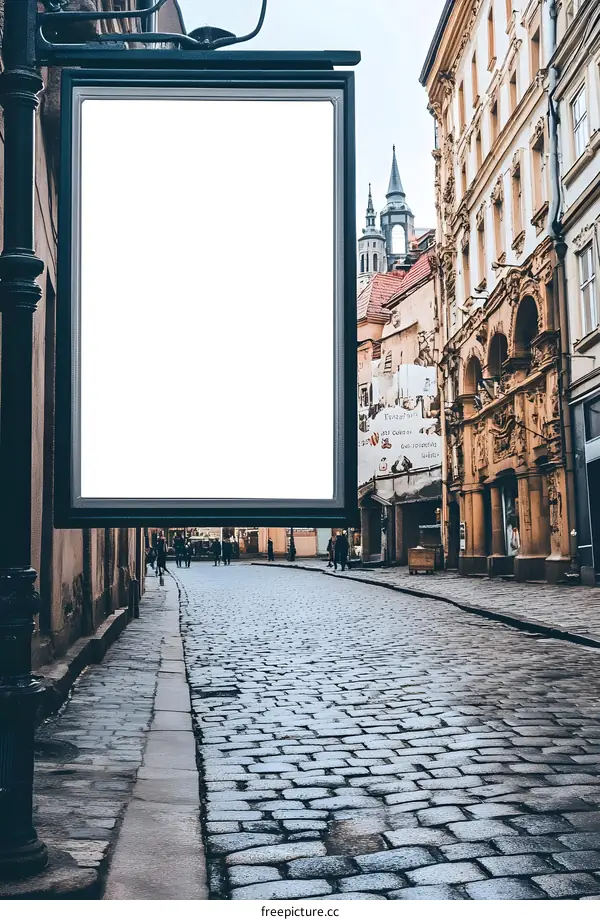Blank Signboard on a Cobblestone Street in an Old City