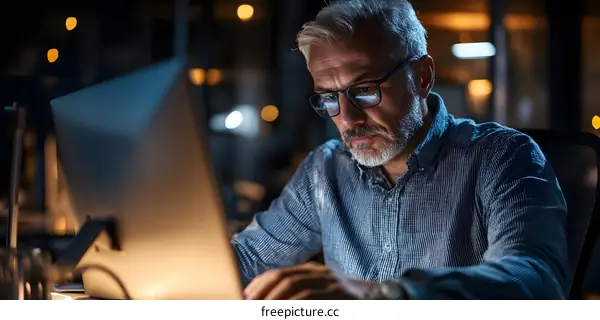 Man Working Late At Night In Office