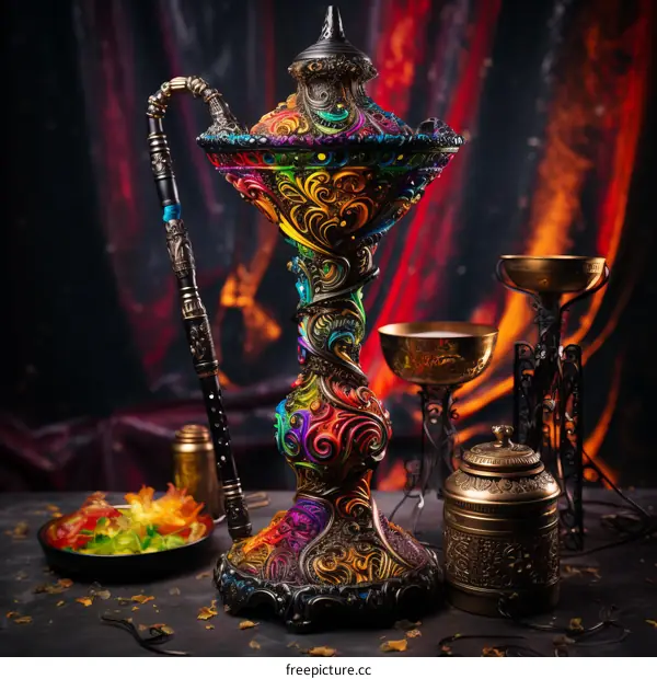 Ornate Multicolored Hookah with Accessories on Dark Patterned Surface