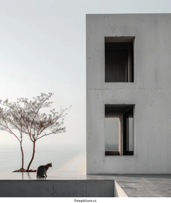 A cat is sitting on the terrace of a concrete house overlooking the sea