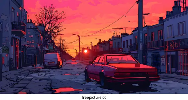 Sunset Cityscape with Red Car and Buildings