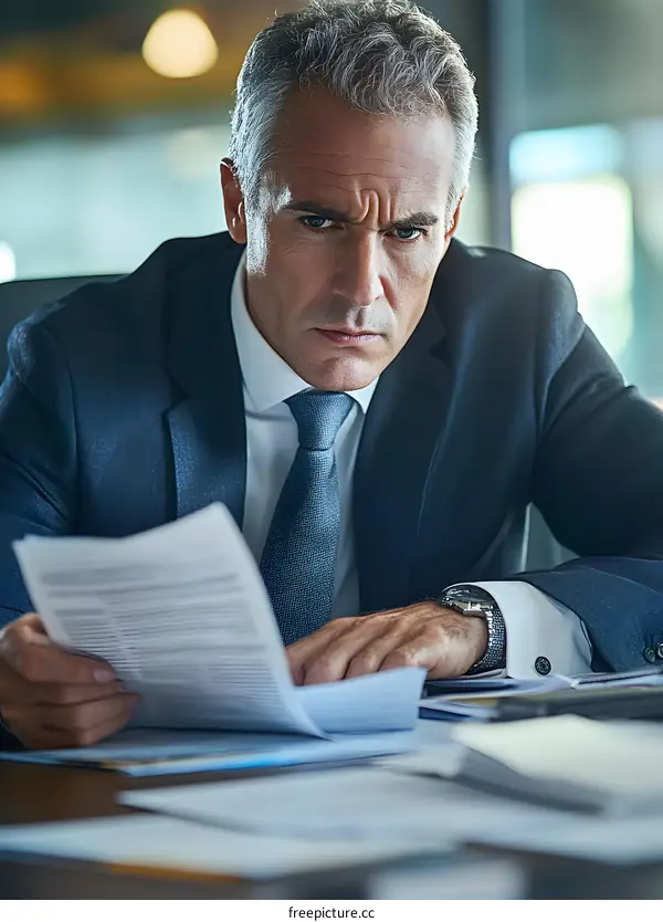 Serious Businessman Reviewing Documents