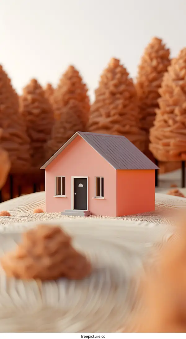 A pink house in the middle of an orange forest