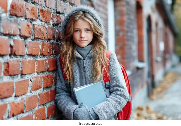 Teenage Girl with Backpack and Books by Brick Wall