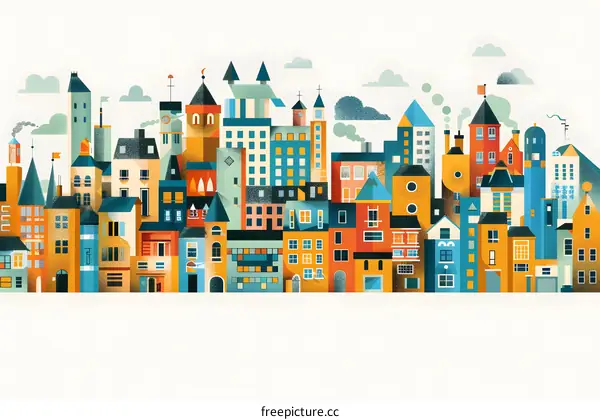 Colorful Cityscape Illustration With Houses and Buildings