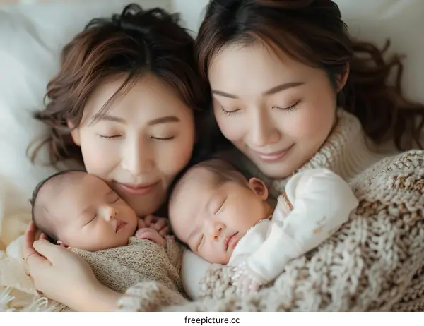 Two Asian women with their newborn babies