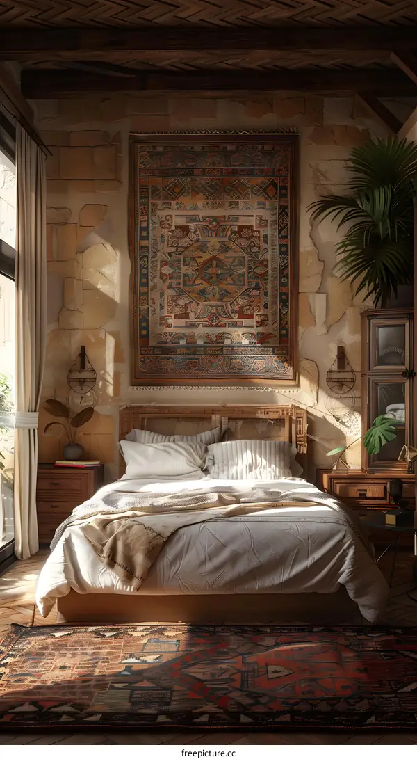 A cozy bedroom with a beautiful tapestry