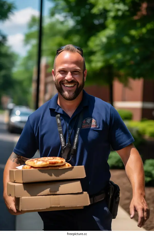 Smiling delivery man carrying pizza boxes