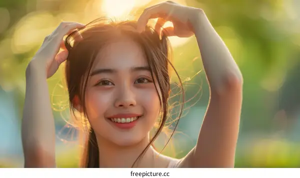 Portrait of a beautiful Asian woman smiling in a park