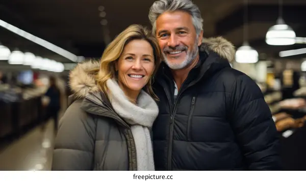 A smiling couple standing close to each other in a shopping mall