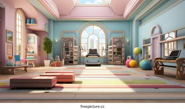 A bright and colorful illustration of a home gym