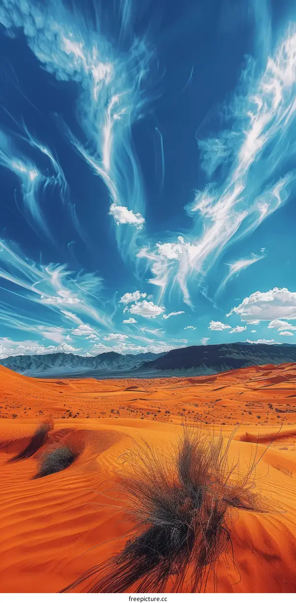 Arid Desert Landscape with Sparse Vegetation and Mountain Range in the Distance