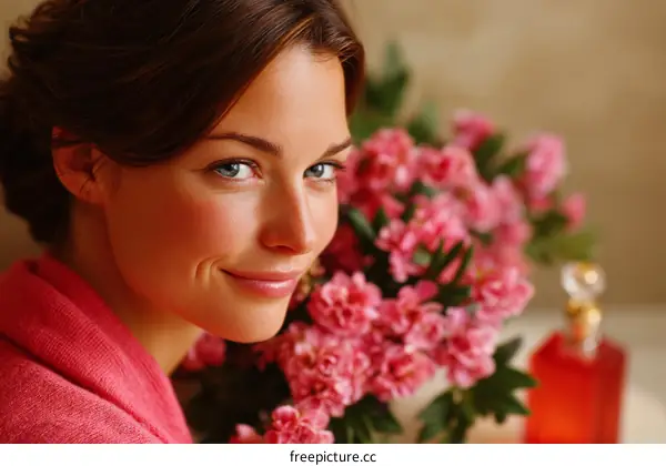Beautiful Woman in a Pink Robe with Flowers