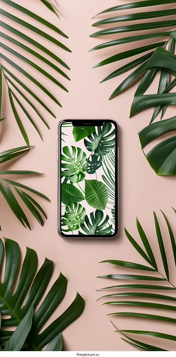 Tropical Leaves with Phone on Pink Background