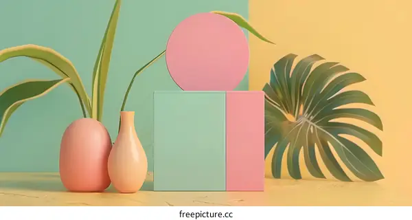 Minimalist Geometric Shapes and Plants 3D Illustration