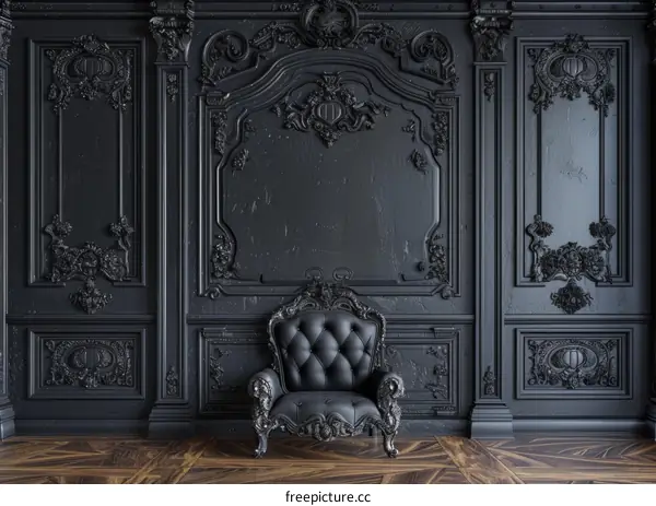 ornate black wall with tufted chair
