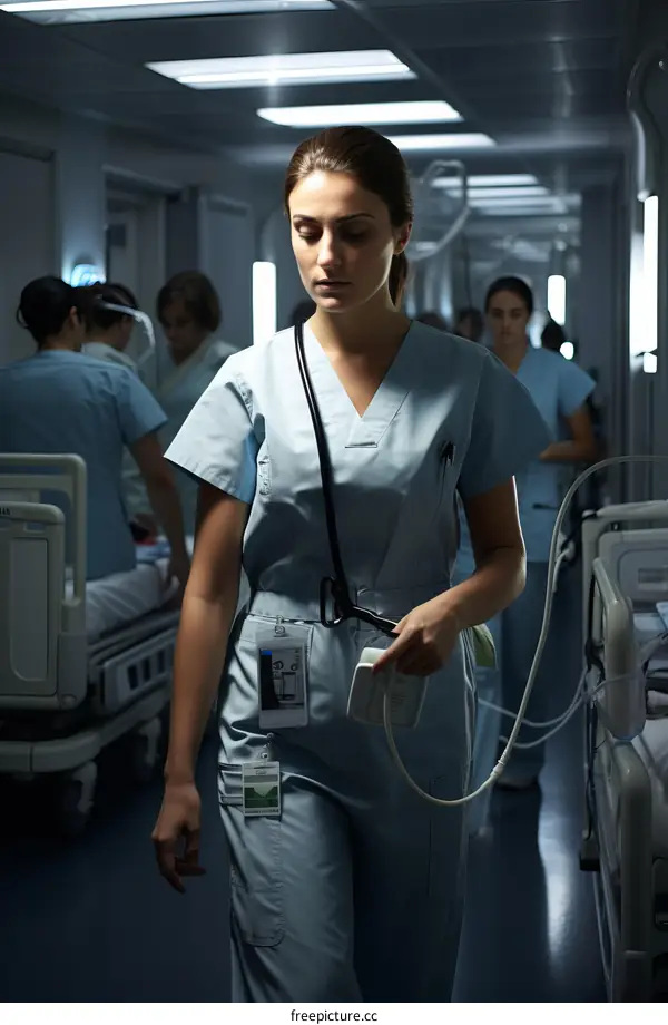 A female doctor or nurse walks through a busy hospital ward.