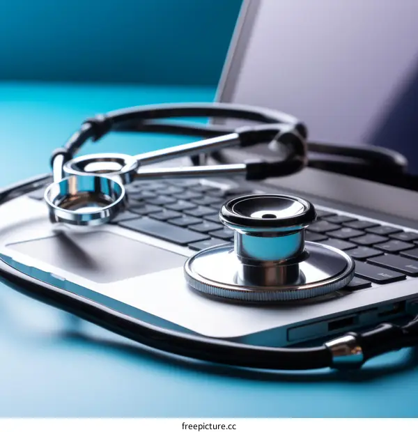 A stethoscope rests on a laptop keyboard