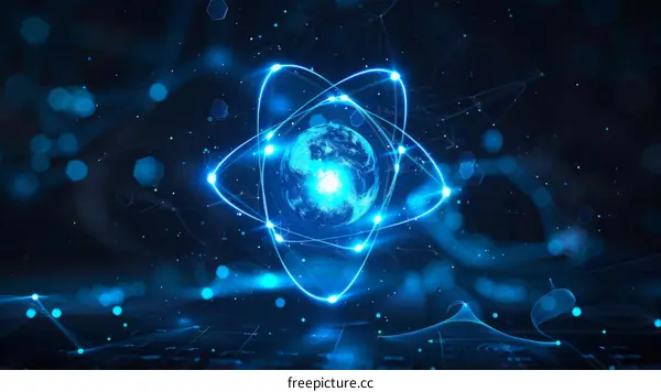 Blue glowing atom surrounded by a grid and particles