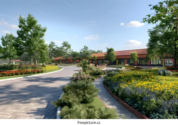 Courtyard with a garden and a flower bed