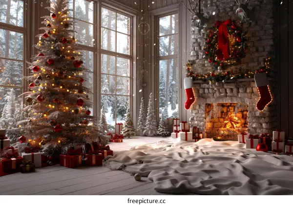 Cozy Christmas Living Room with Decorated Tree & Fireplace