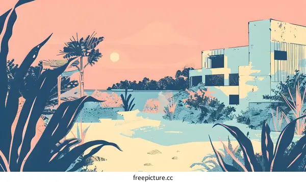 Abstract Illustration of a Tropical Landscape with a Building