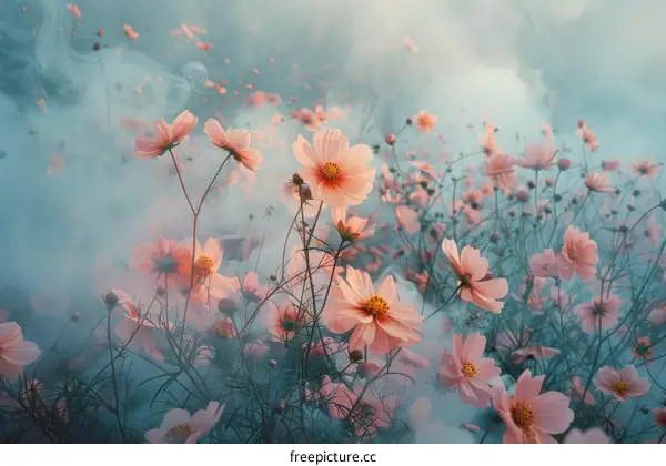 Field of pink cosmos flowers in the morning mist