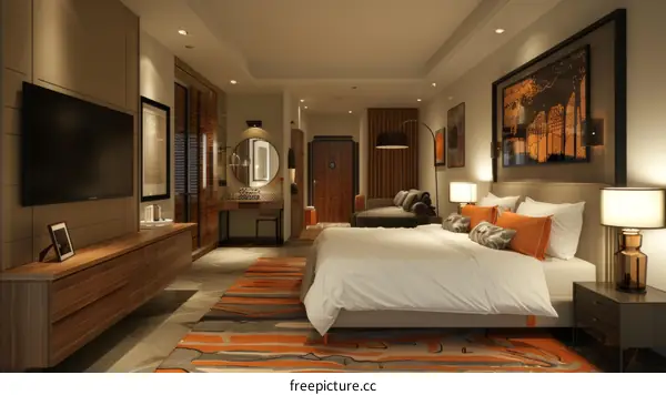 Modern Hotel Room Interior with Orange Accents