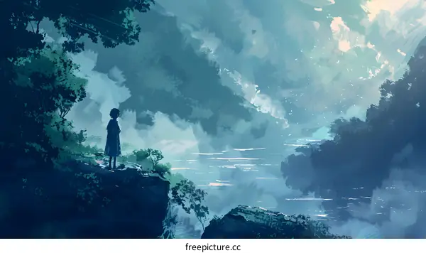 Girl Standing on Cliff Looking at the Clouds