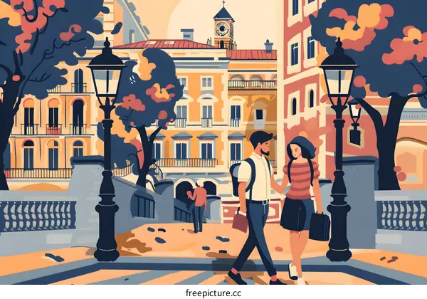 Couple Walking In European City Street