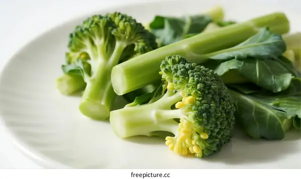 Fresh Green Broccoli and Leafy Vegetables on White Plate