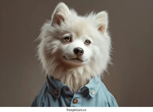 A white dog wearing a blue shirt