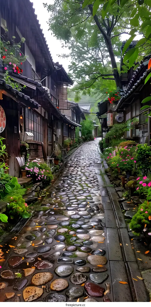 Stone paved alley with traditional Japanese houses